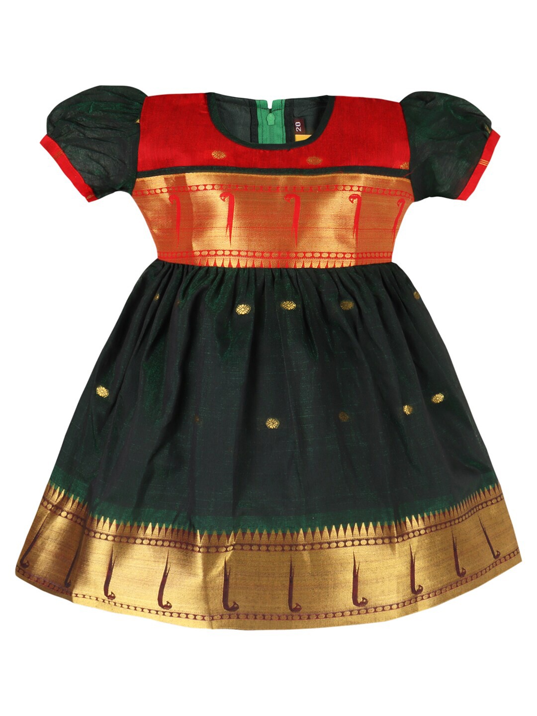 

Wish Karo Girls Ethnic Motifs Woven Design Chanderi Silk Fit & Flare Dress, Green