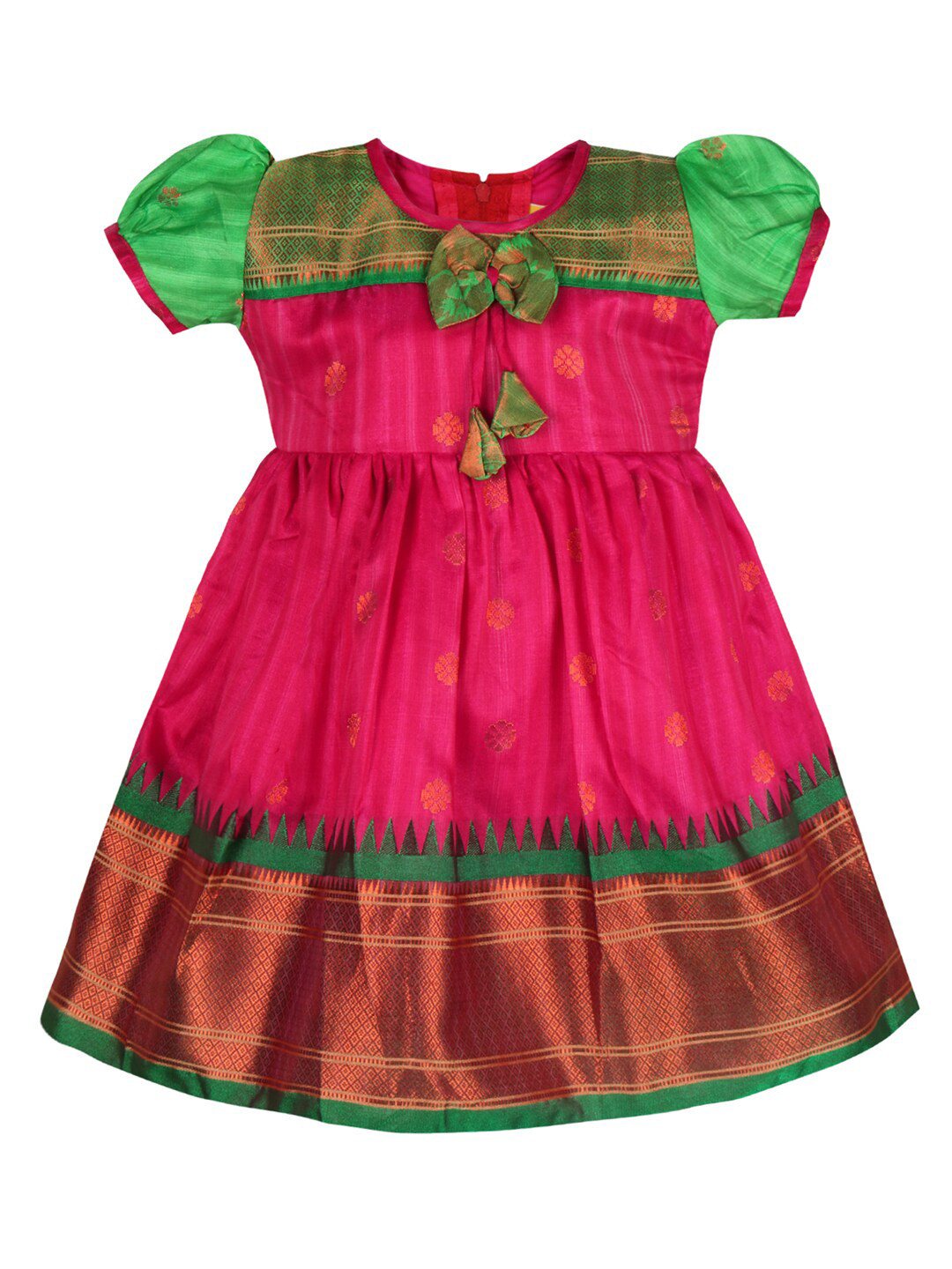 

Wish Karo Girls Ethnic Printed Puffed Sleeves Chanderi Silk Fit & Flare Ethnic Dress, Pink