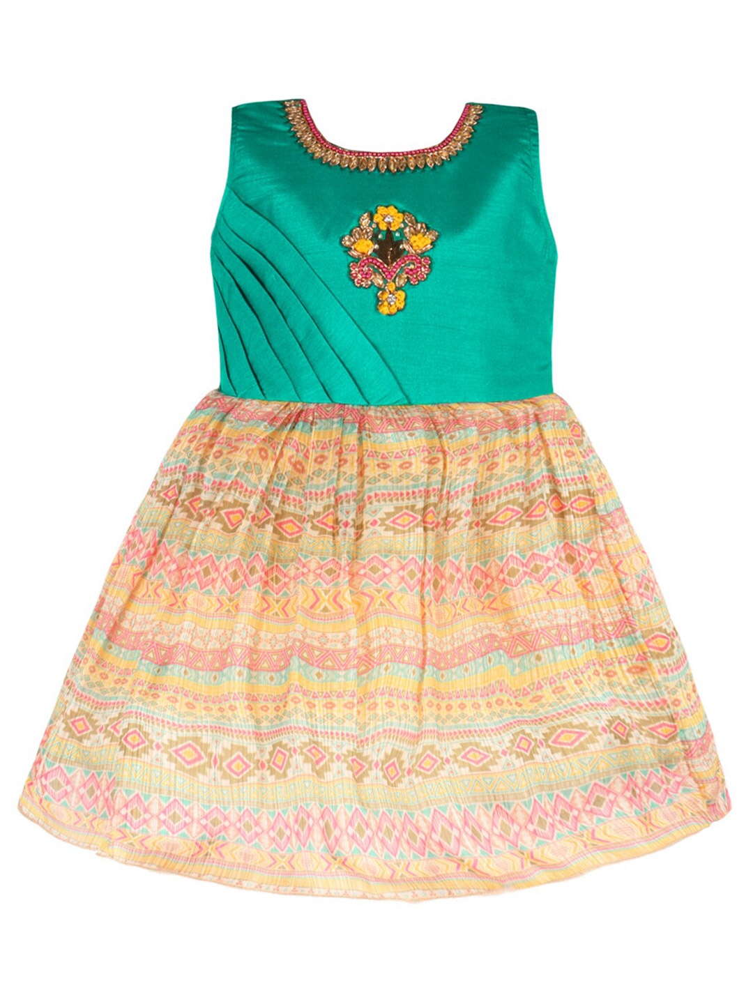 

Wish Karo Girls Ethnic Motifs Printed Embellished & Pleated Satin Fit & Flare Ethnic Dress, Green