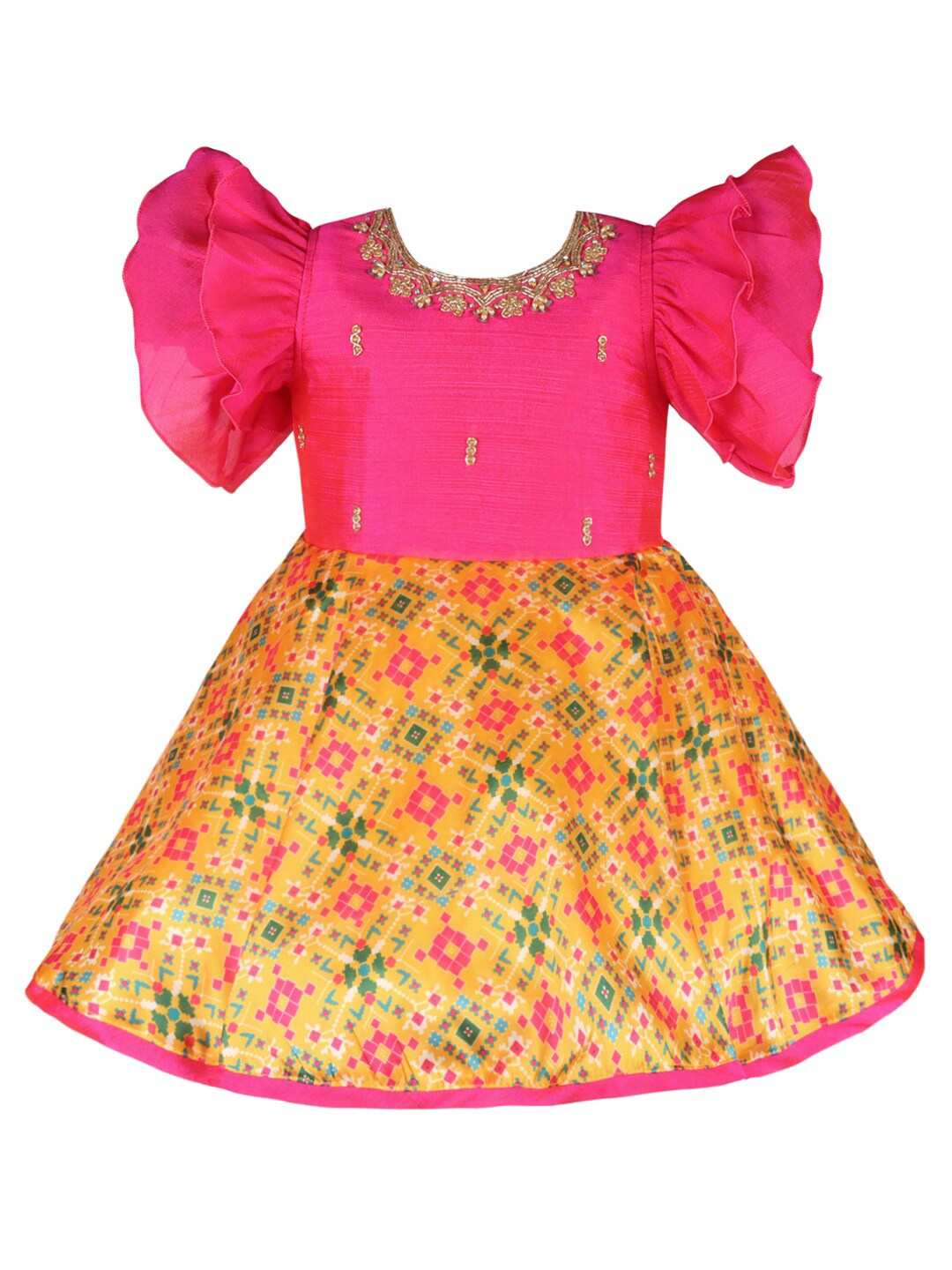 

Wish Karo Girls Ethnic Motifs Printed Sequined Silk Fit & Flare Ethnic Dress, Pink