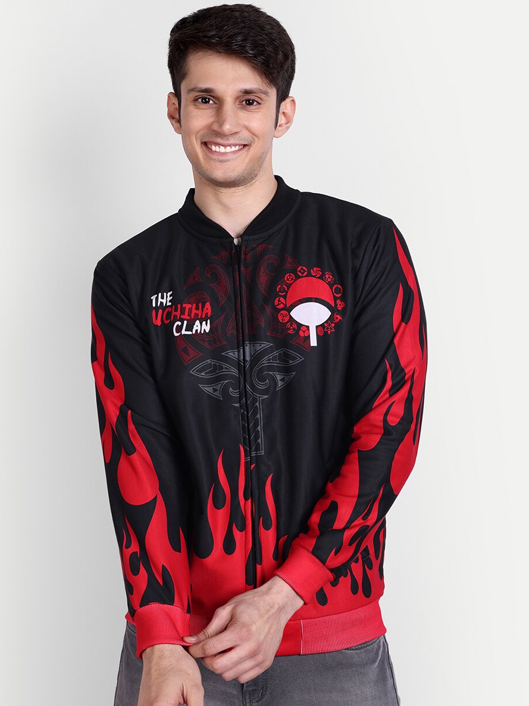 Fans Army Naruto Uchiha Clan Anime Graphic Printed Mandarin Collar Bomber Jacket, Black