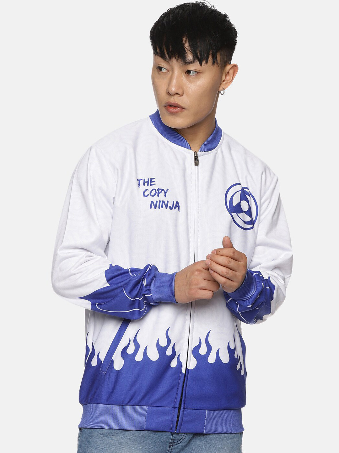 

Fans Army Naruto Anime Graphic Printed Mandarin Collar Bomber Jacket, White