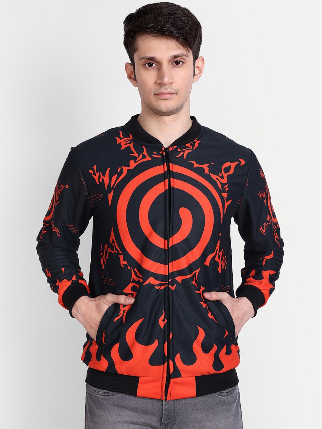 

Fans Army Naruto Anime Graphic Printed Mandarin Collar Bomber Jacket, Black