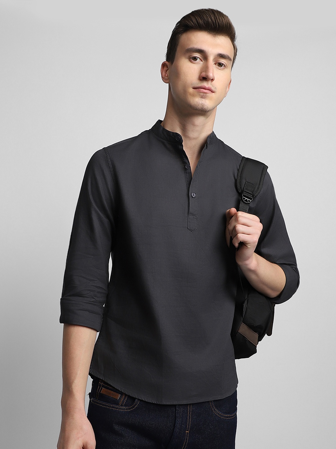 

Dennis Lingo Slim Fit Band Collar Pure Cotton Casual Shirt, Charcoal
