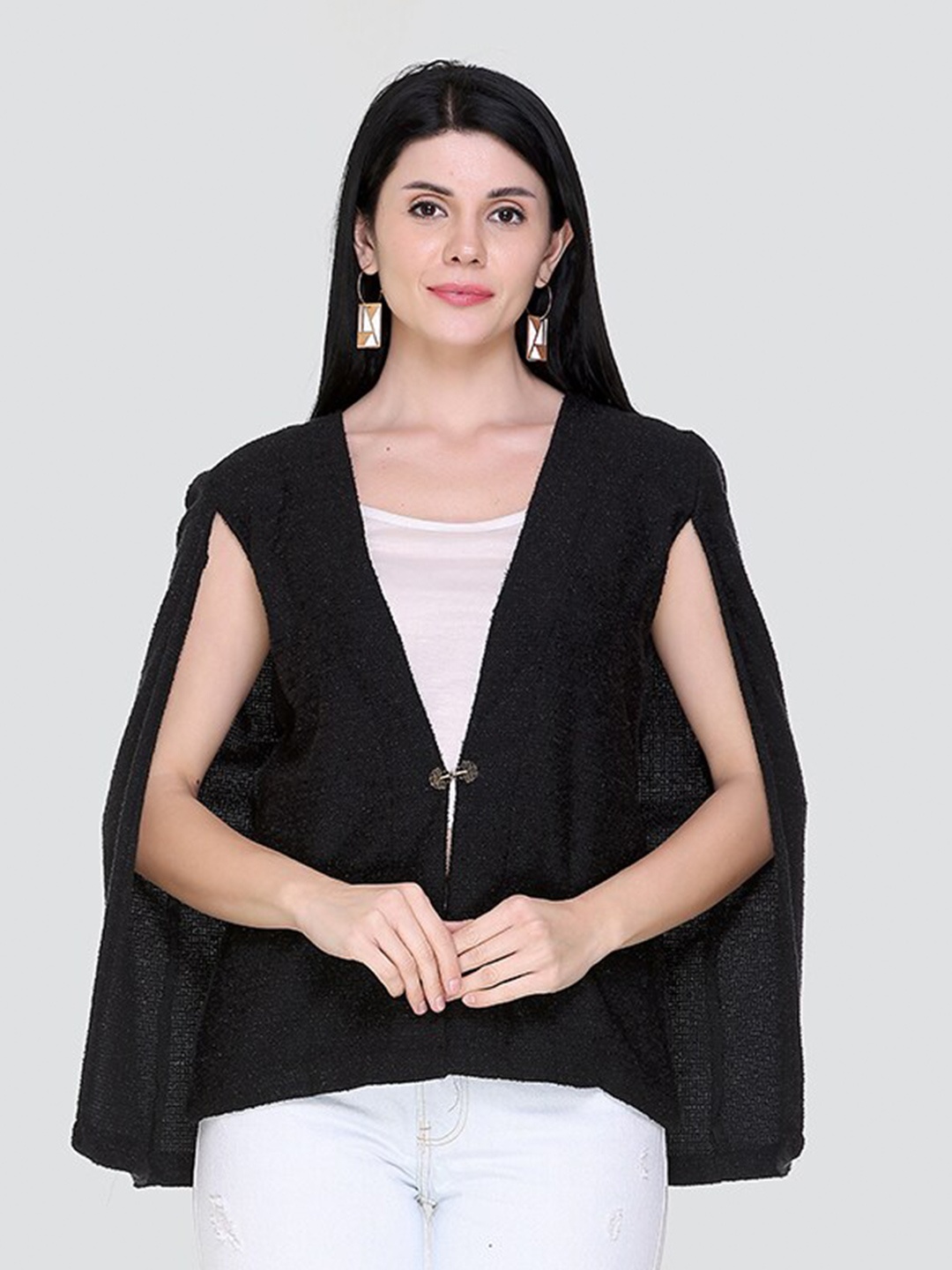 

KEIKO V-Neck Acrylic Cape Jacket, Black