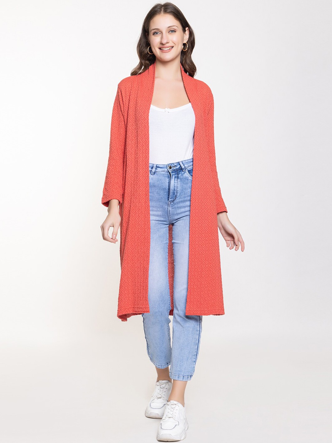 

KEIKO Self Designed Acrylic Longline Open Front Shrug, Peach