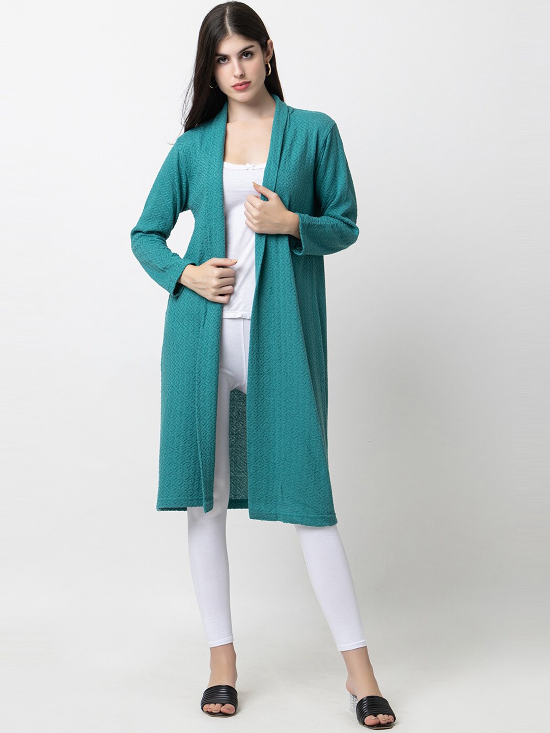 

KEIKO Self Design Longline Open Front Shrug, Turquoise blue