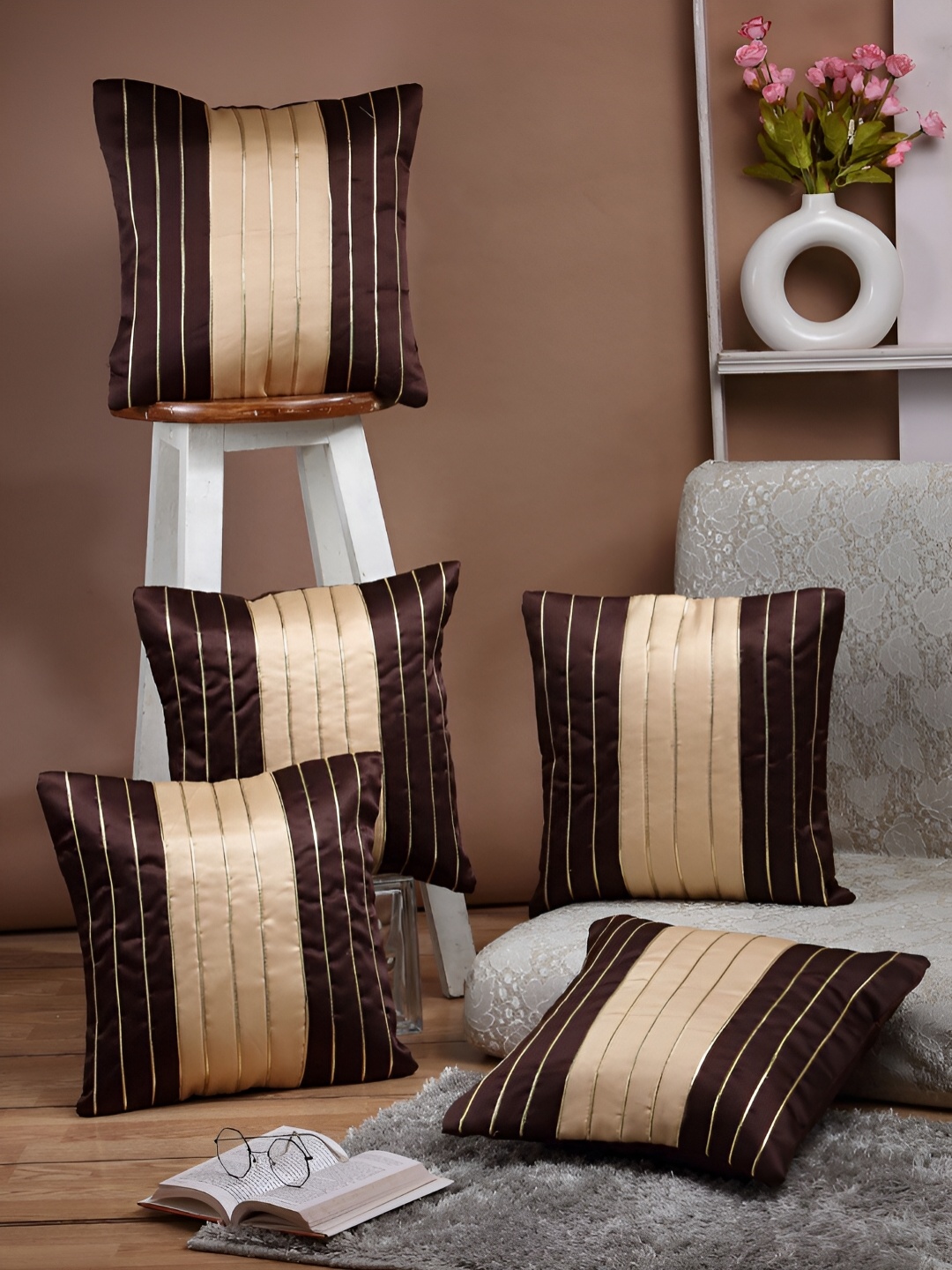 

ERIC LONDON Beige & Brown 5 Pieces Striped Square Cushion Covers