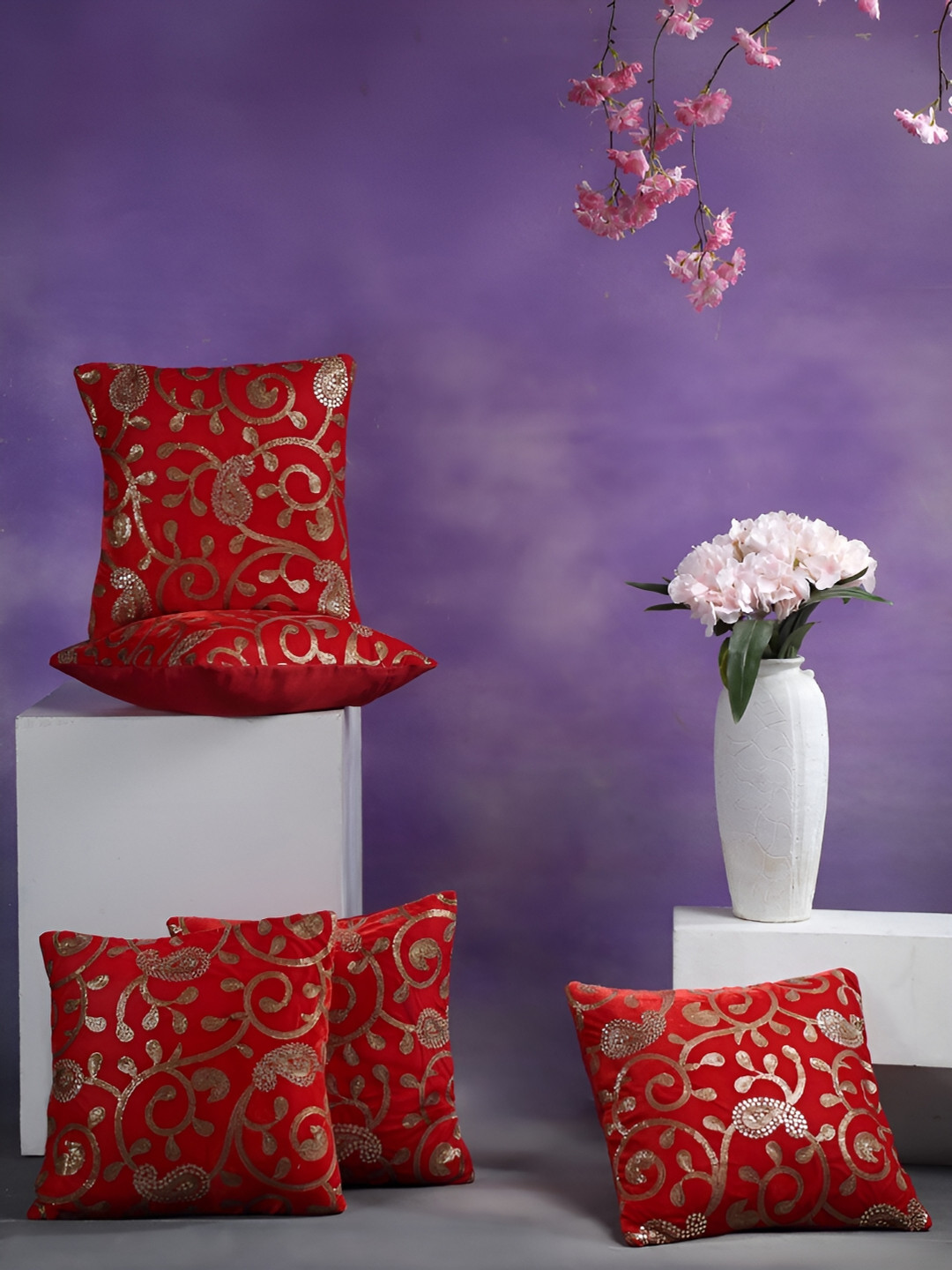 

ERIC LONDON Red 5 Pieces Self Design Square Cushion Covers
