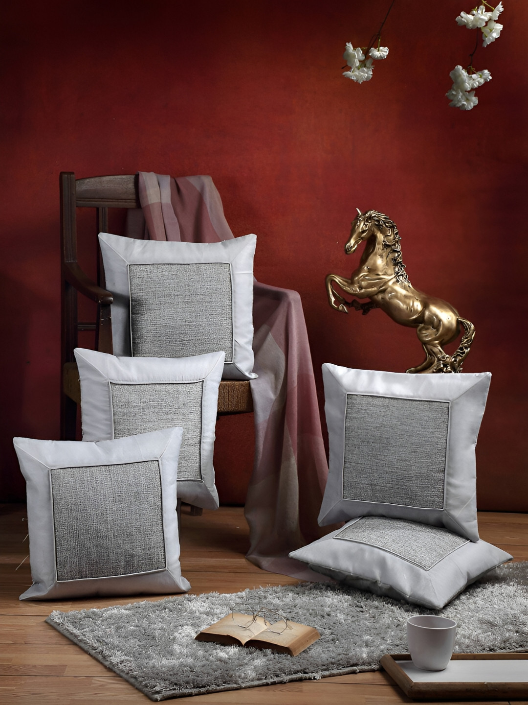 

ERIC LONDON Grey 5 Pieces Self Design Square Cushion Covers