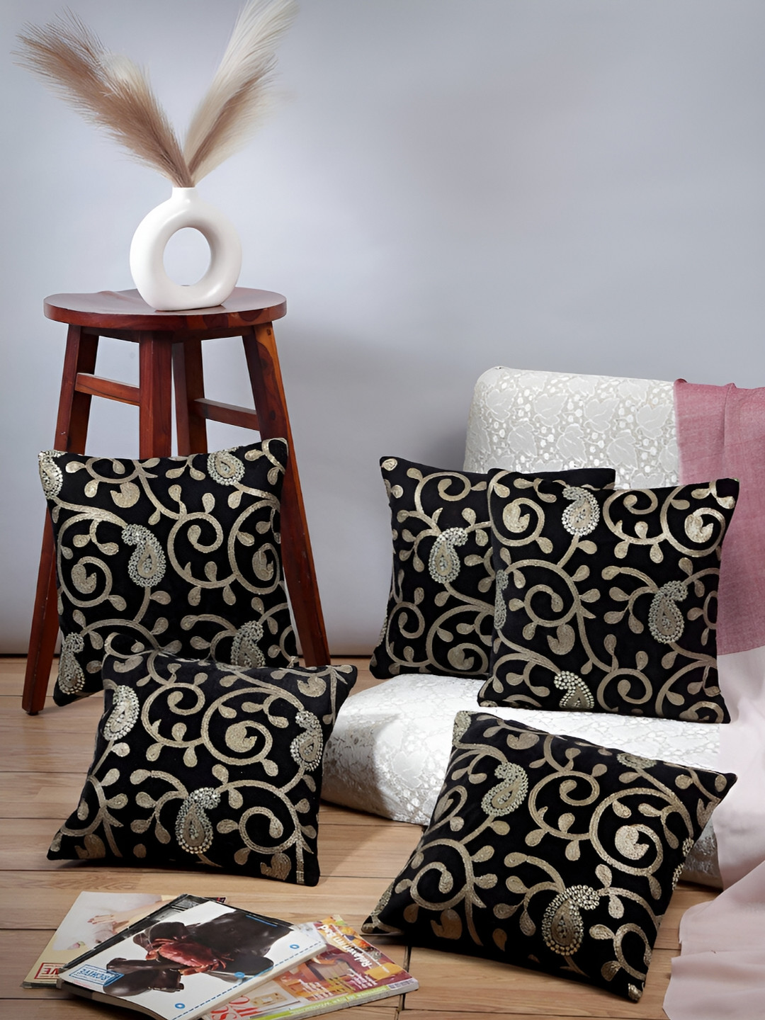 

ERIC LONDON Black & Gold 5 Pieces Self Design Velvet Square Cushion Covers