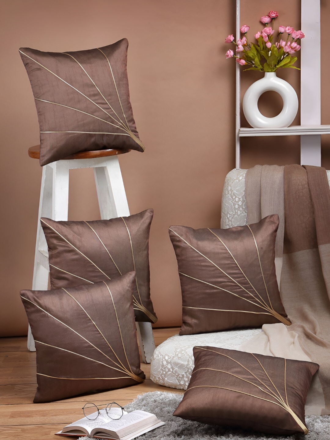 

ERIC LONDON Brown 5 Pieces Self Design Square Cushion Covers