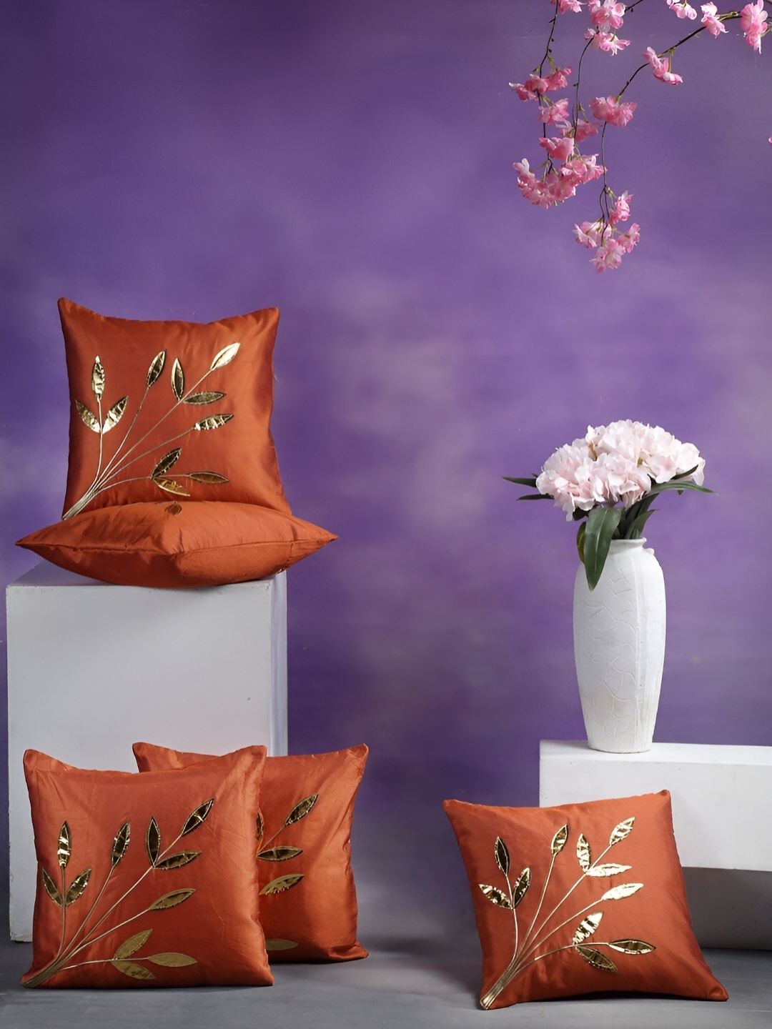 

ERIC LONDON Orange 5 Pieces Self Design Square Cushion Covers