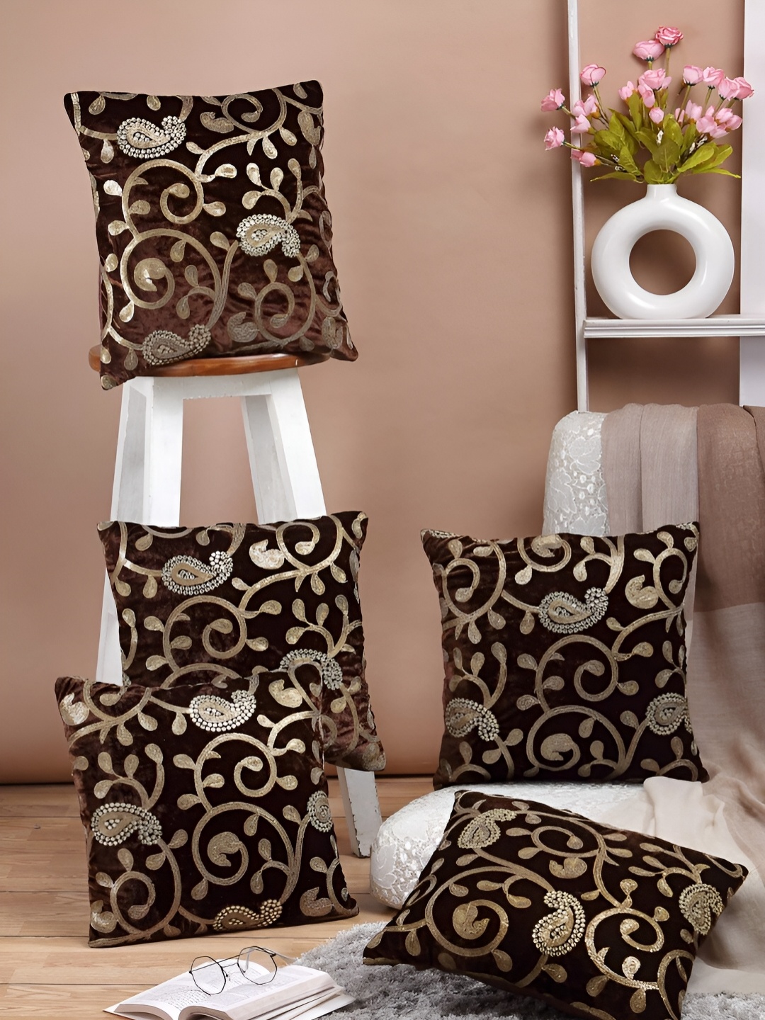 

ERIC LONDON Brown & Gold 5 Pieces Self Design Velvet Square Cushion Covers