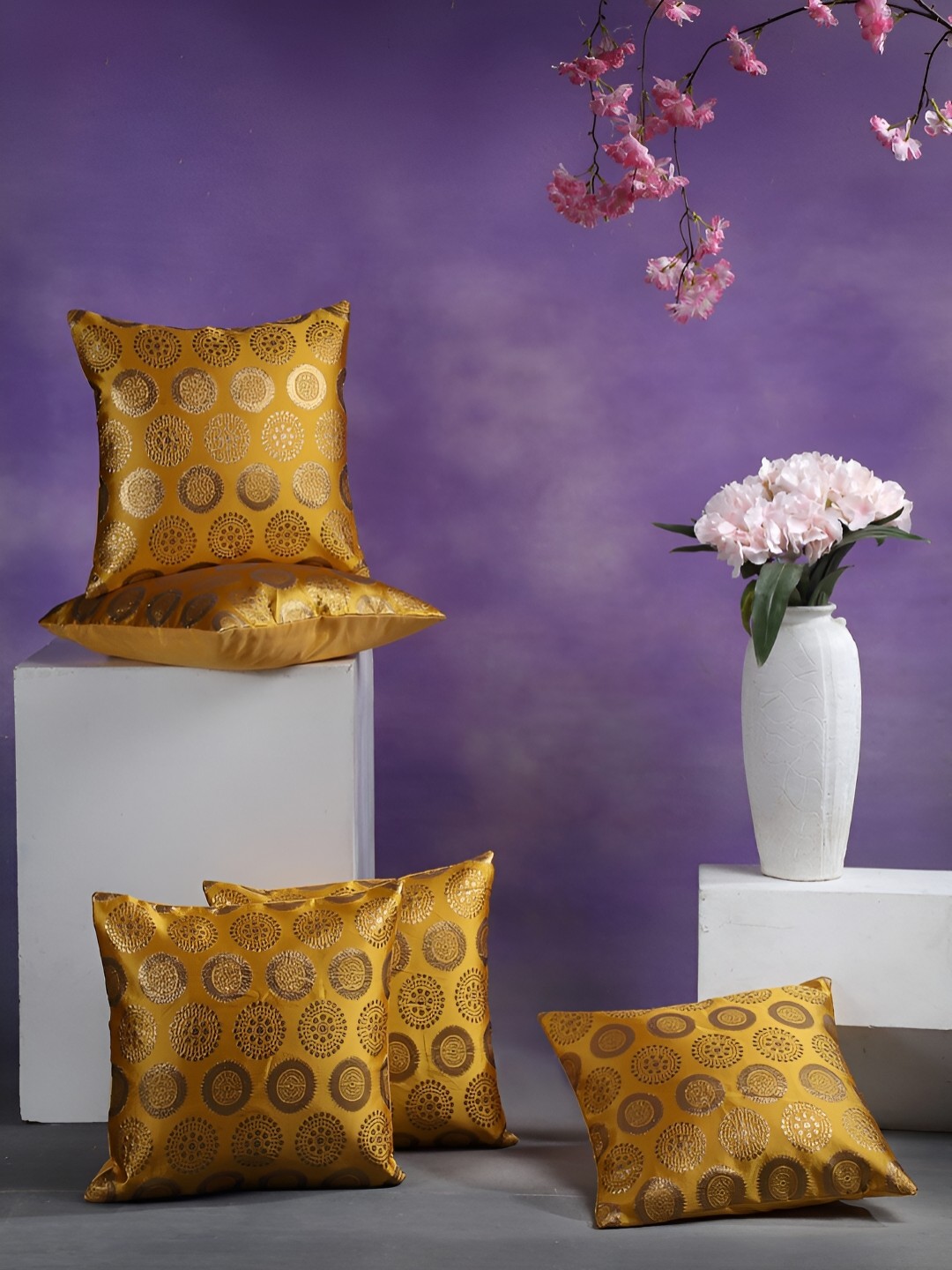 

ERIC LONDON Yellow 5 Pieces Self Design Square Cushion Covers