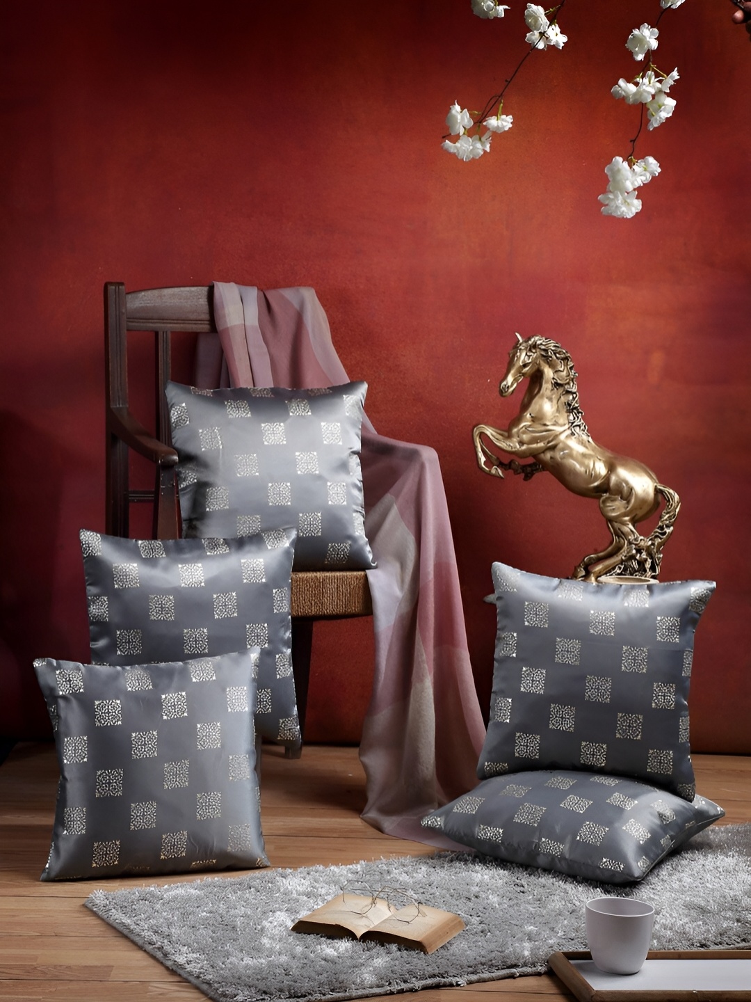 

ERIC LONDON Grey 5 Pieces Self Design Square Cushion Covers