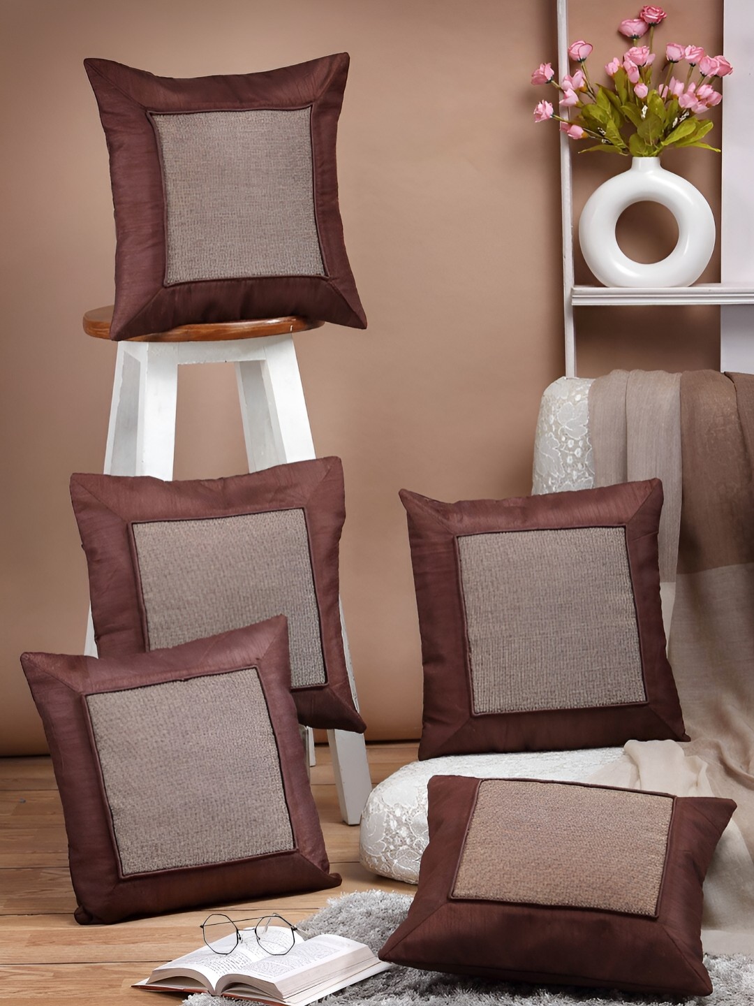 

ERIC LONDON Brown 5 Pieces Self Design Square Cushion Covers