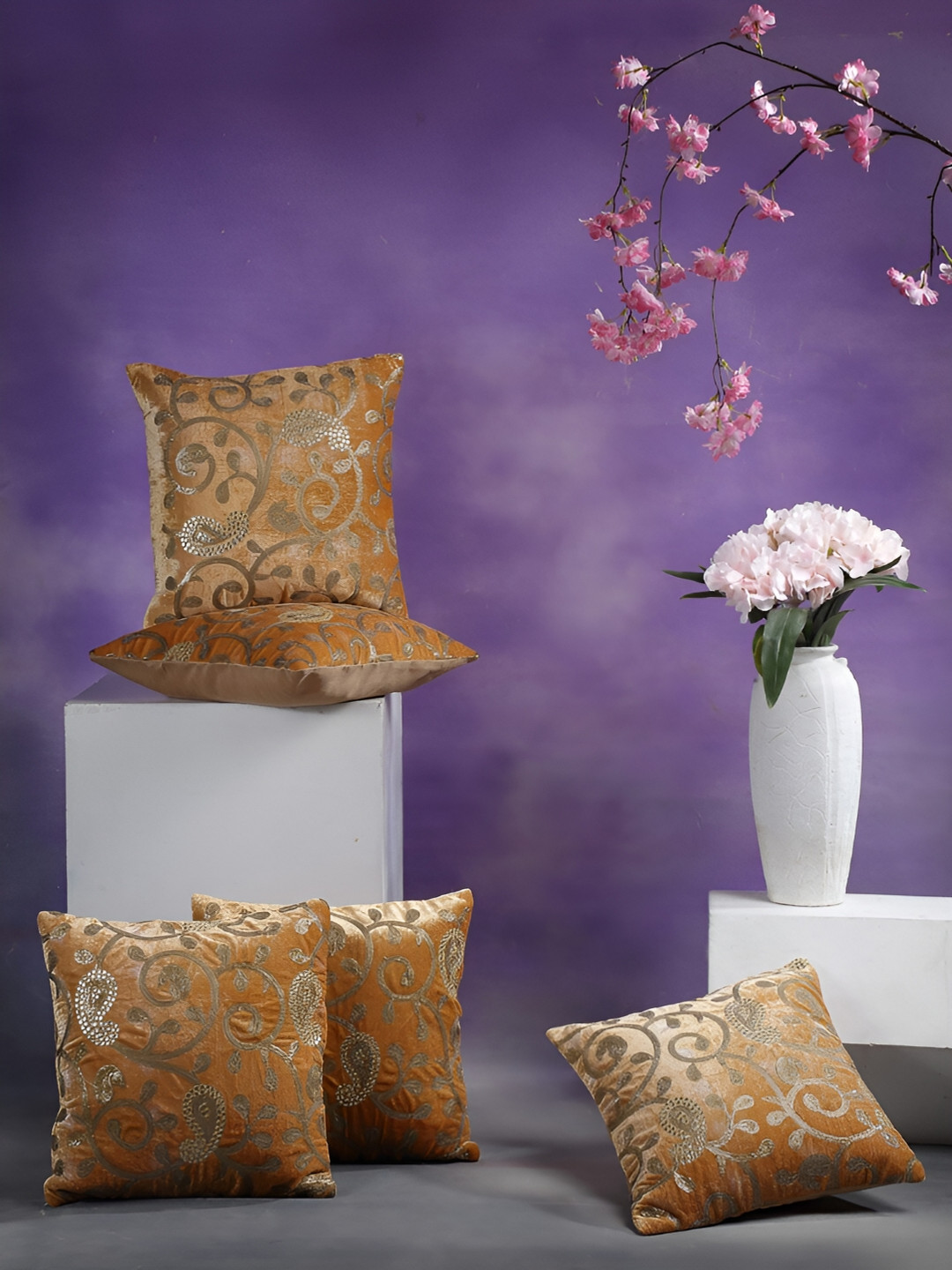 

ERIC LONDON Gold Toned 5 Pieces Self Design Velvet Square Cushion Covers