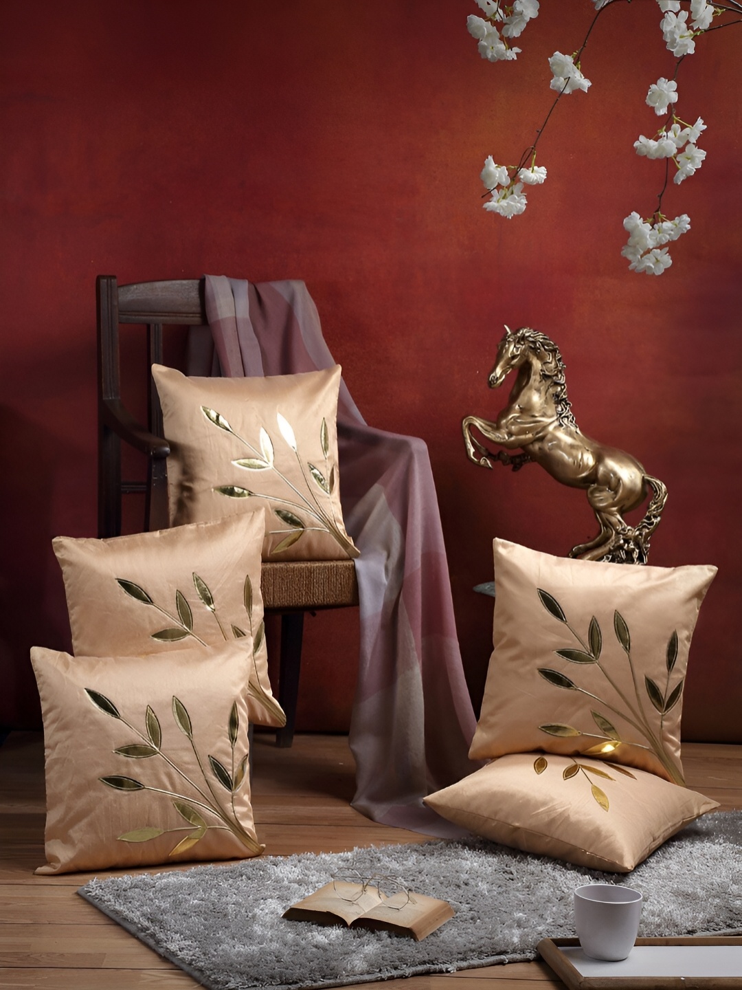 

ERIC LONDON Beige 5 Pieces Self Design Square Cushion Covers