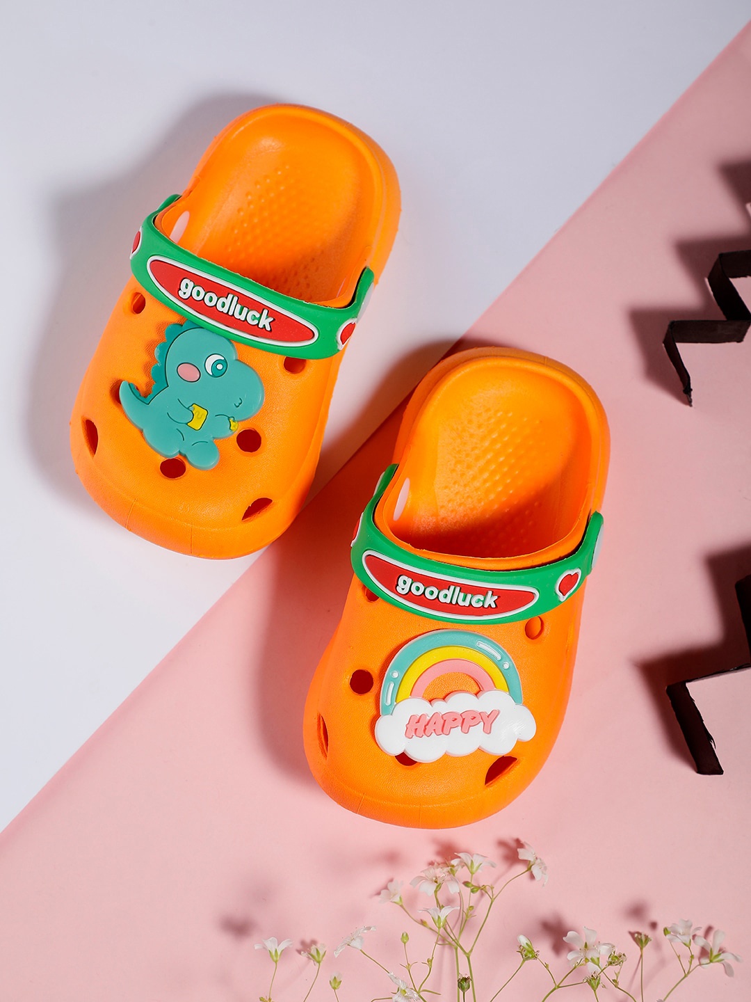 

PASSION PETALS Kids Rainbow & Dino Embossed Lightweight Clogs, Orange