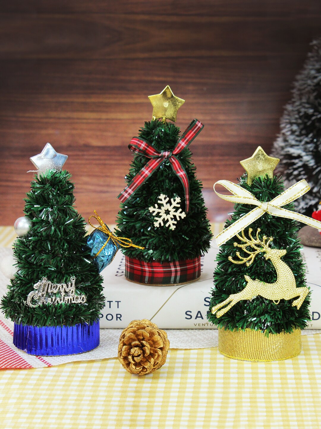 

TIED RIBBONS Green 3 Pieces Christmas Table Tree With Props Ornaments Festive Decors