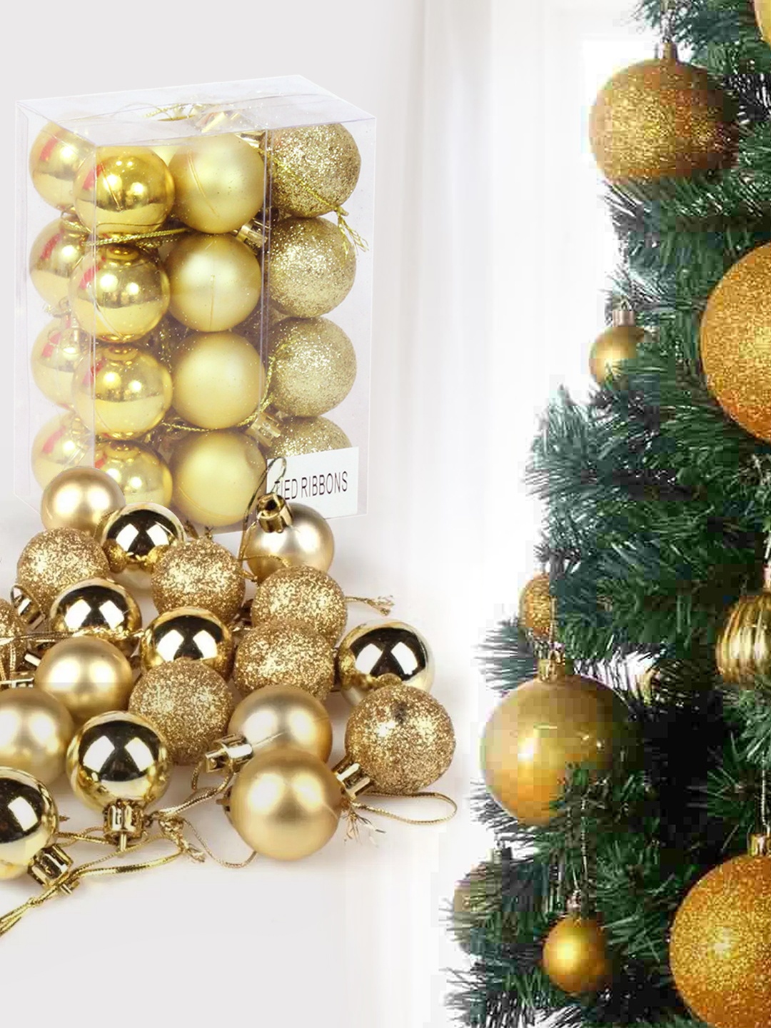 

TIED RIBBONS Yellow 24 Pieces Christmas Tree Xmas Ornaments Props Hanging Balls, Gold