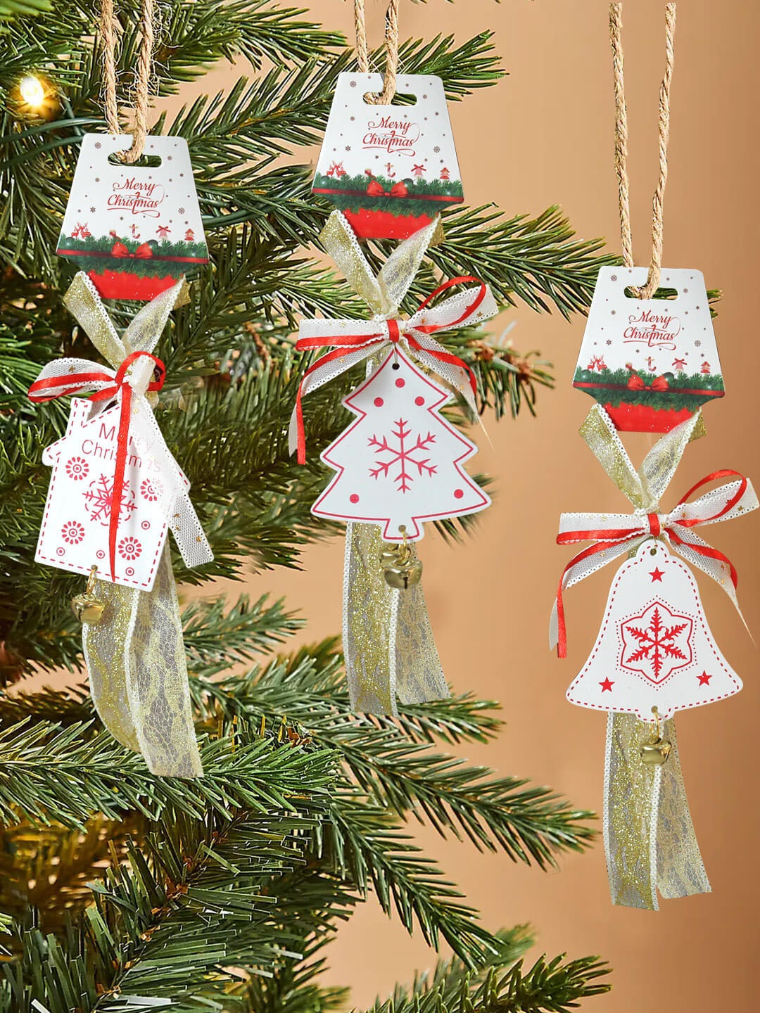 

TIED RIBBONS White & Red 3 Pieces Christmas Hanging Bell Festive Decors