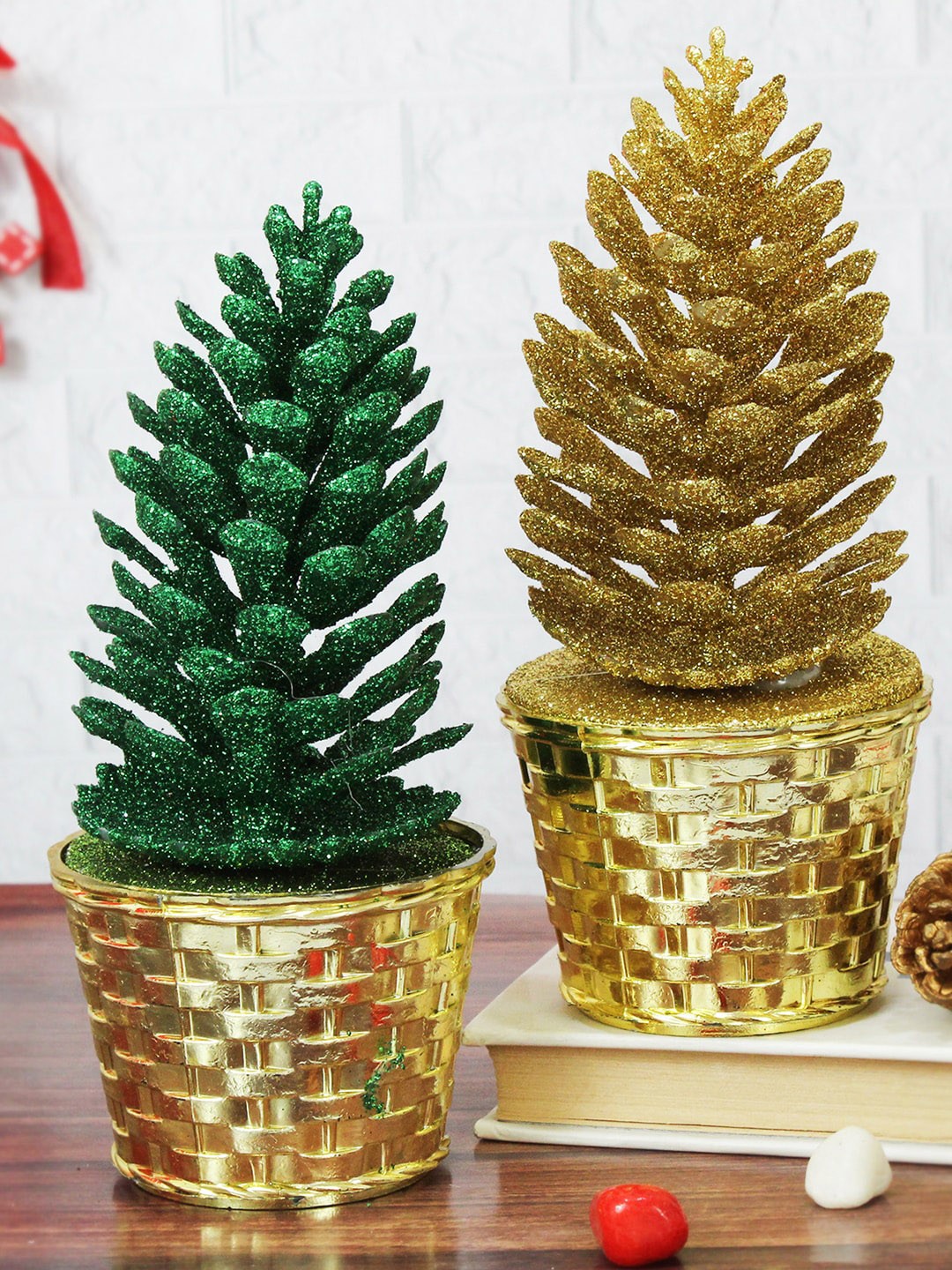 

TIED RIBBONS Green & Yellow 2 Pieces Christmas Mini Table Trees