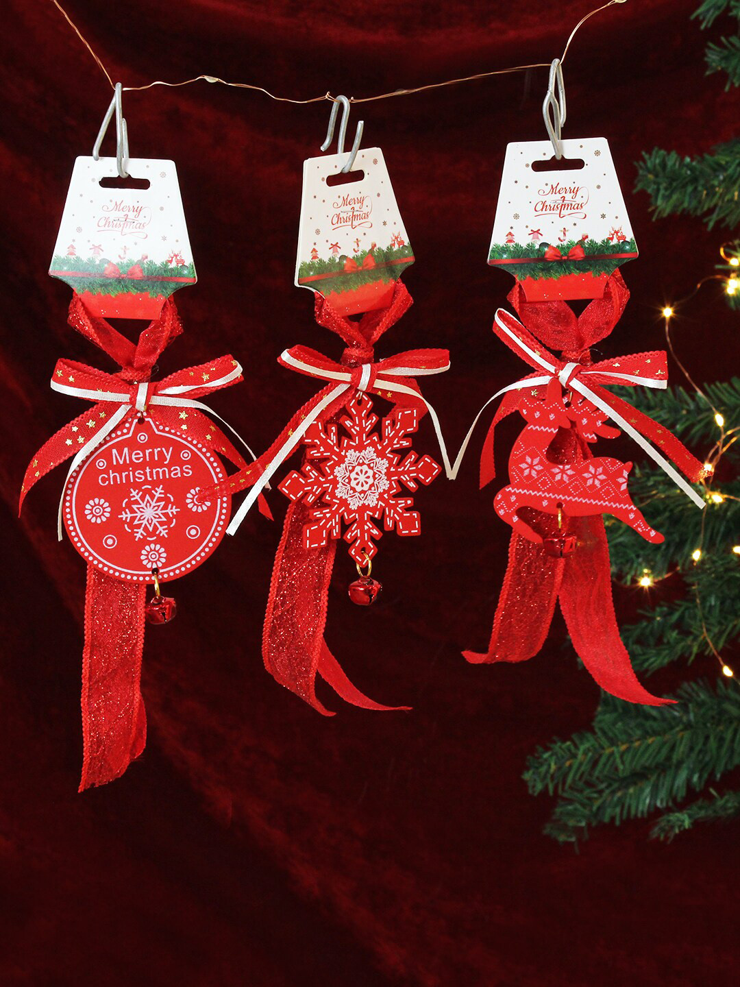 

TIED RIBBONS Red 3 Pieces Printed Christmas Bells Wall Door Tree Hanging Ornaments Props