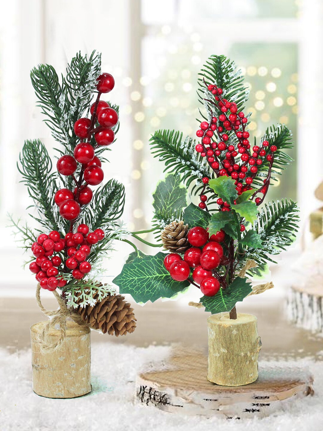 

TIED RIBBONS Green & Red 2 Pieces Christmas Table Tree with Berries