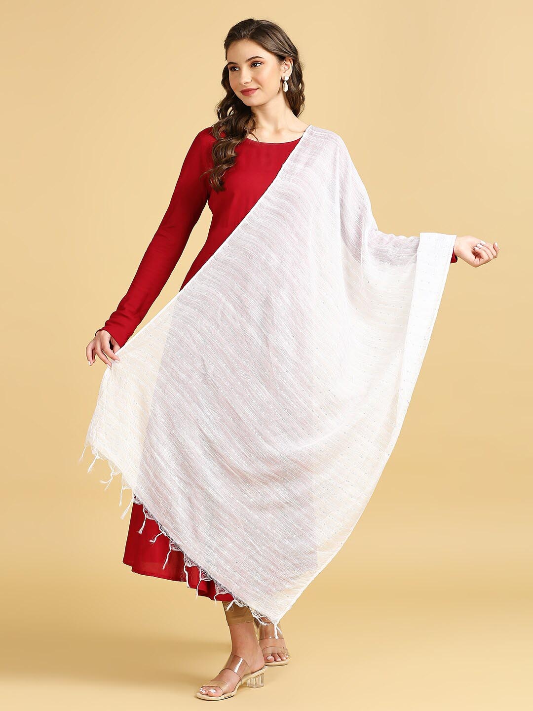 

Dupatta Bazaar Striped Sequinned Cotton Silk Dupatta, White