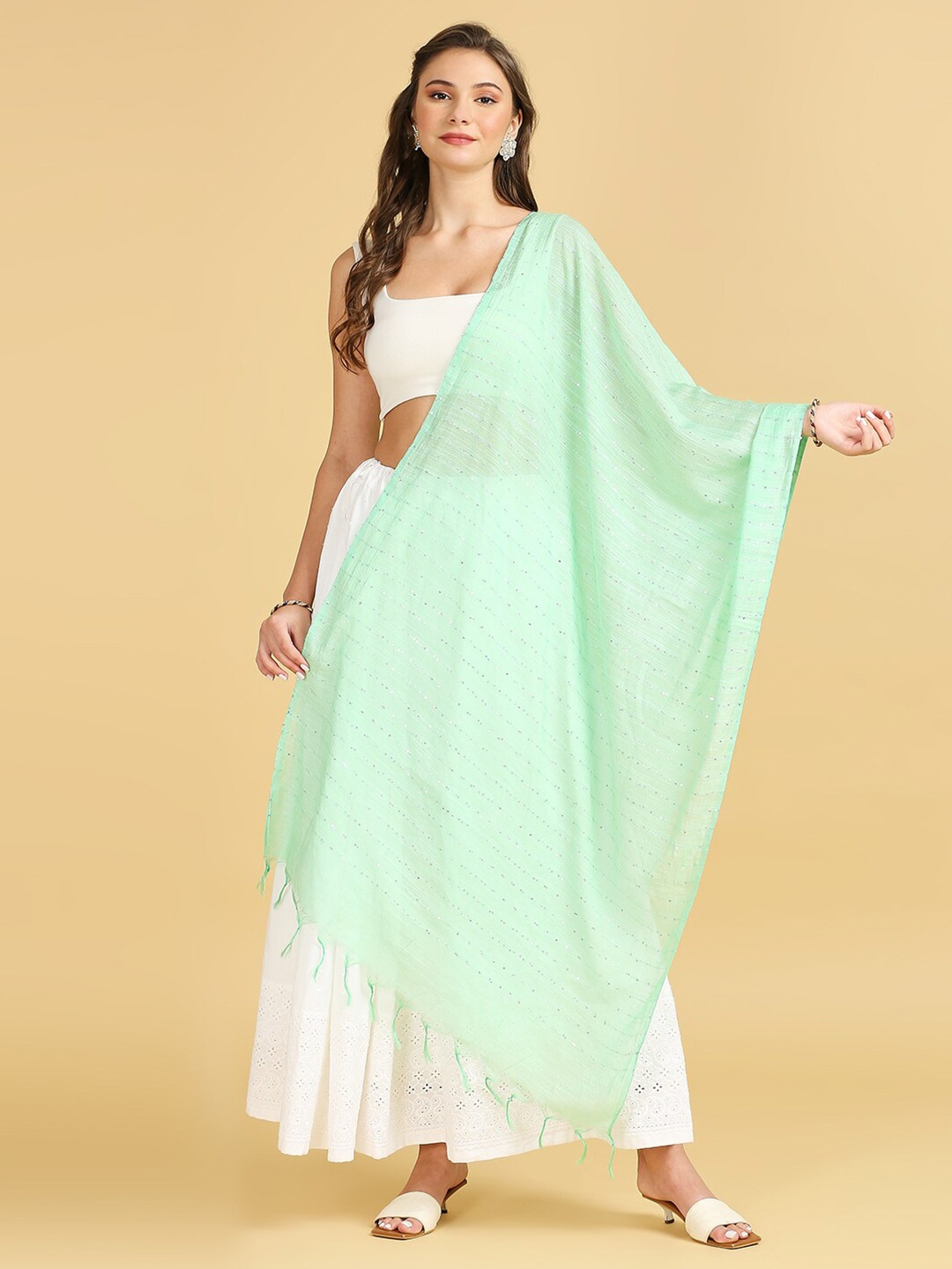 

Dupatta Bazaar Woven Design Cotton Silk Dupatta with Sequin, Sea green