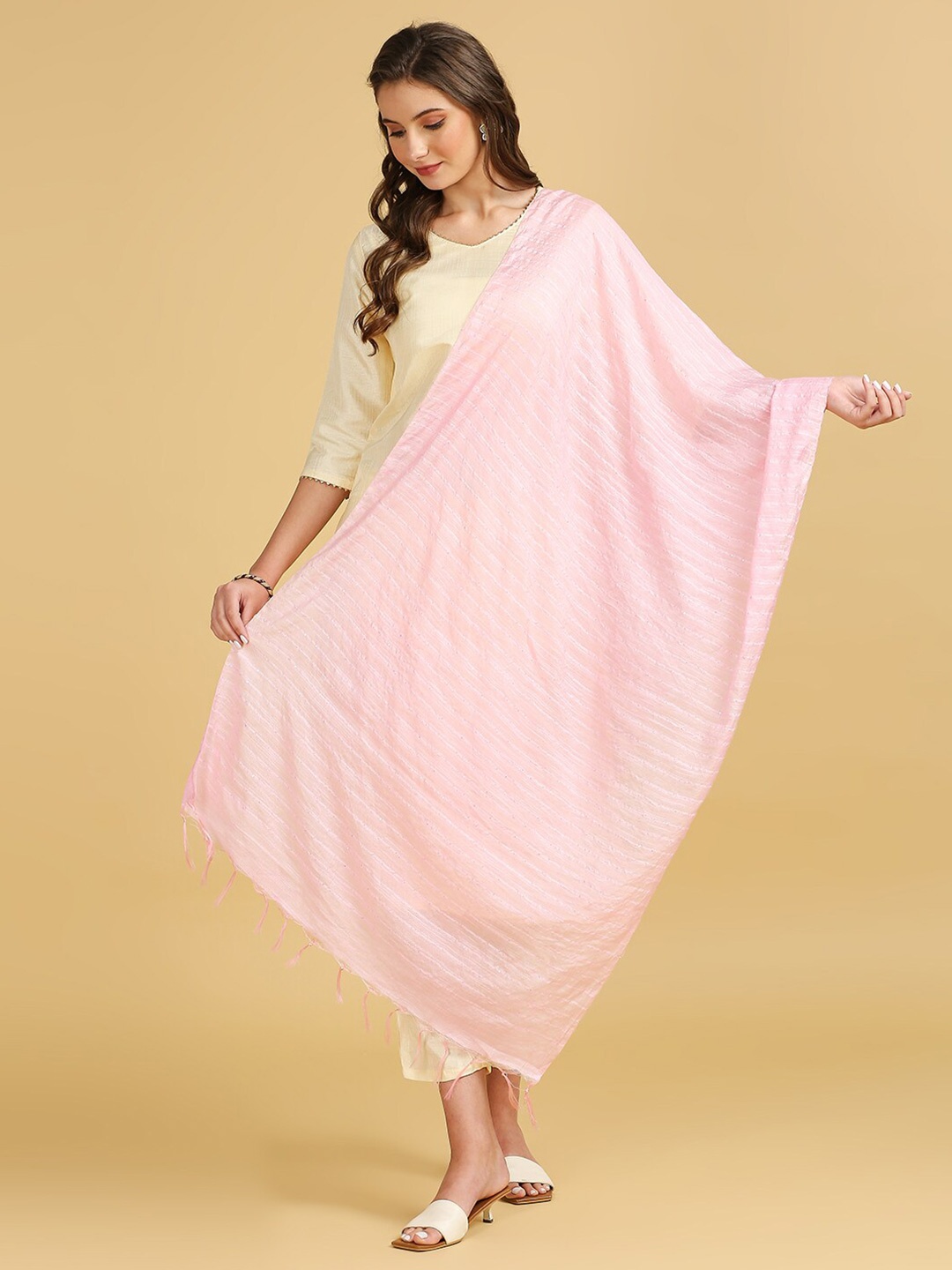 

Dupatta Bazaar Striped Woven Design Cotton Silk Dupatta With Sequinned, Pink