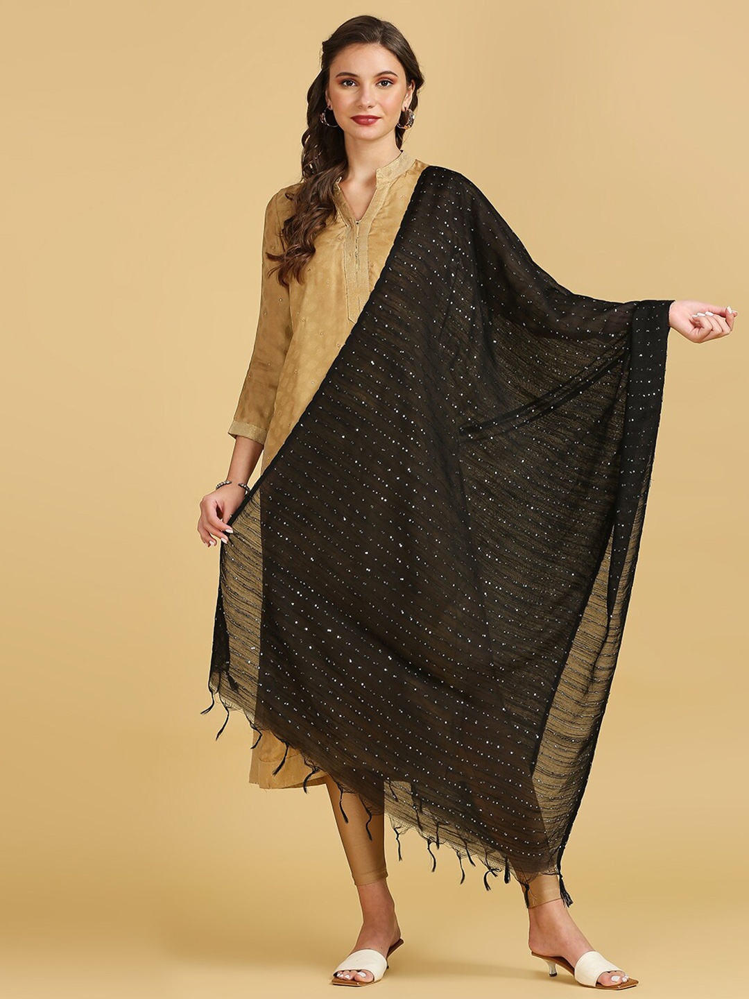 

Dupatta Bazaar Striped Woven Design Cotton Silk Dupatta With Sequinned, Black