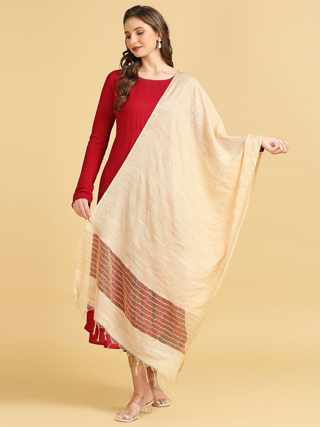

Dupatta Bazaar Striped Woven Design Cotton Silk Dupatta With Sequinned, Beige