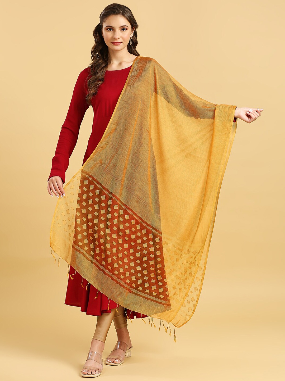 

Dupatta Bazaar Geometric Woven Design Organza Dupatta, Mustard