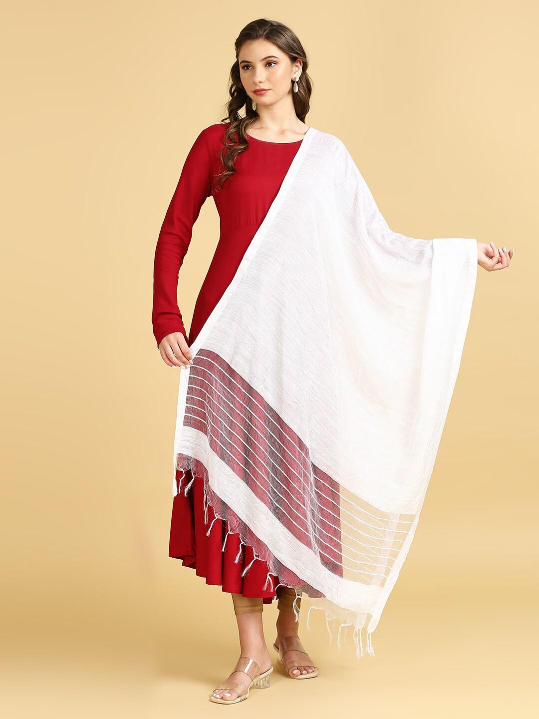 

Dupatta Bazaar Striped Woven Design Cotton Silk Dupatta With Sequinned, White