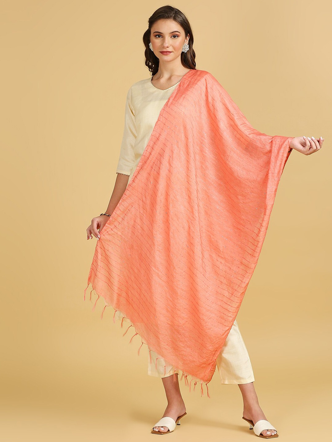 

Dupatta Bazaar Striped Cotton Silk Sequinned Dupatta, Peach