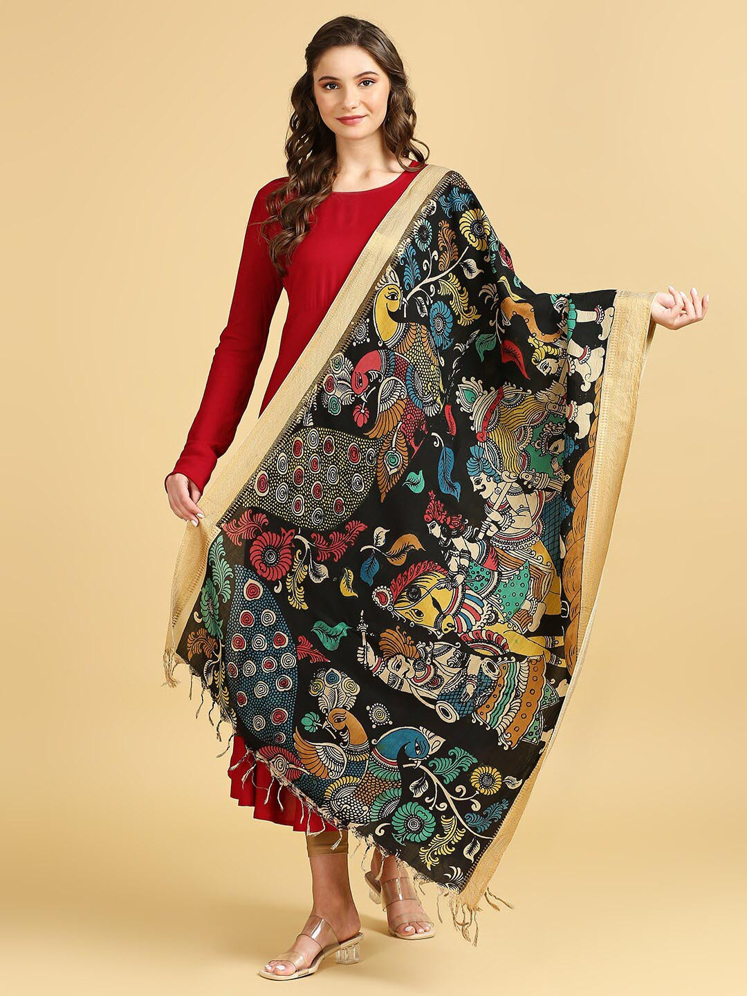 

Dupatta Bazaar Ethnic Motifs Kalamkari Pure Chennur Silk Dupatta, Black