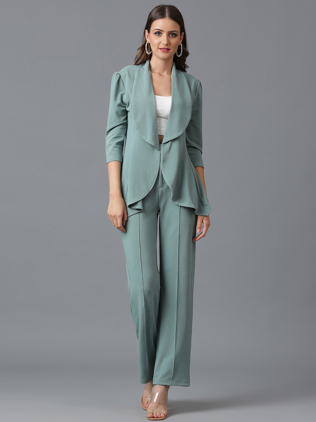 

KOTTY BIZwear Sea Green Shawl Neck Coat With Trousers