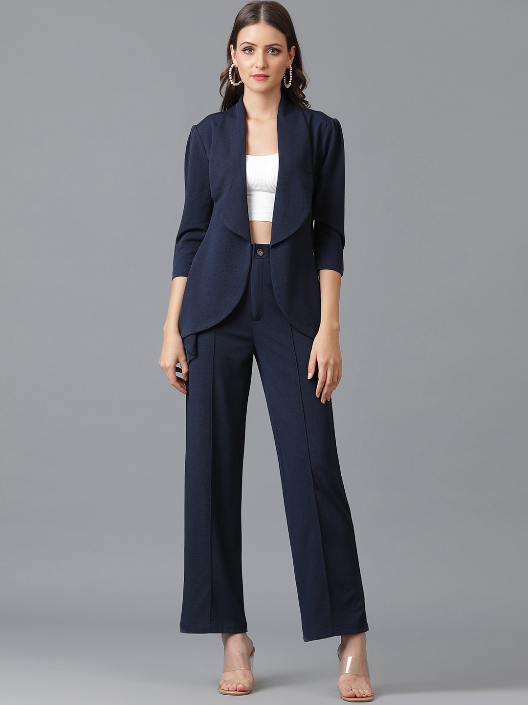 

KOTTY BIZwear Navy Blue Shawl Neck Coat With Trousers