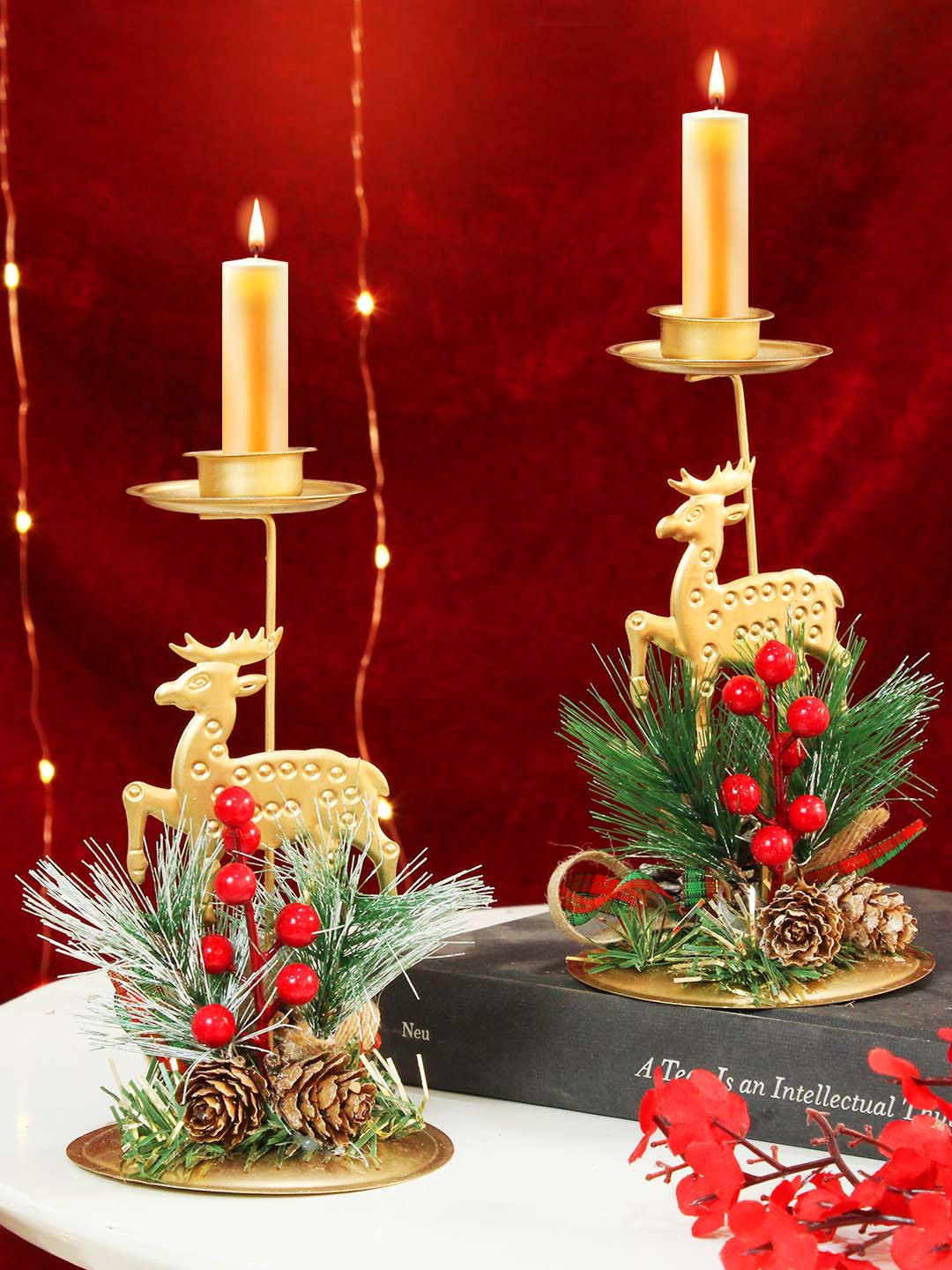 

TIED RIBBONS Gold Toned & Red 2 Pieces Christmas Design Tealight Candle Holders