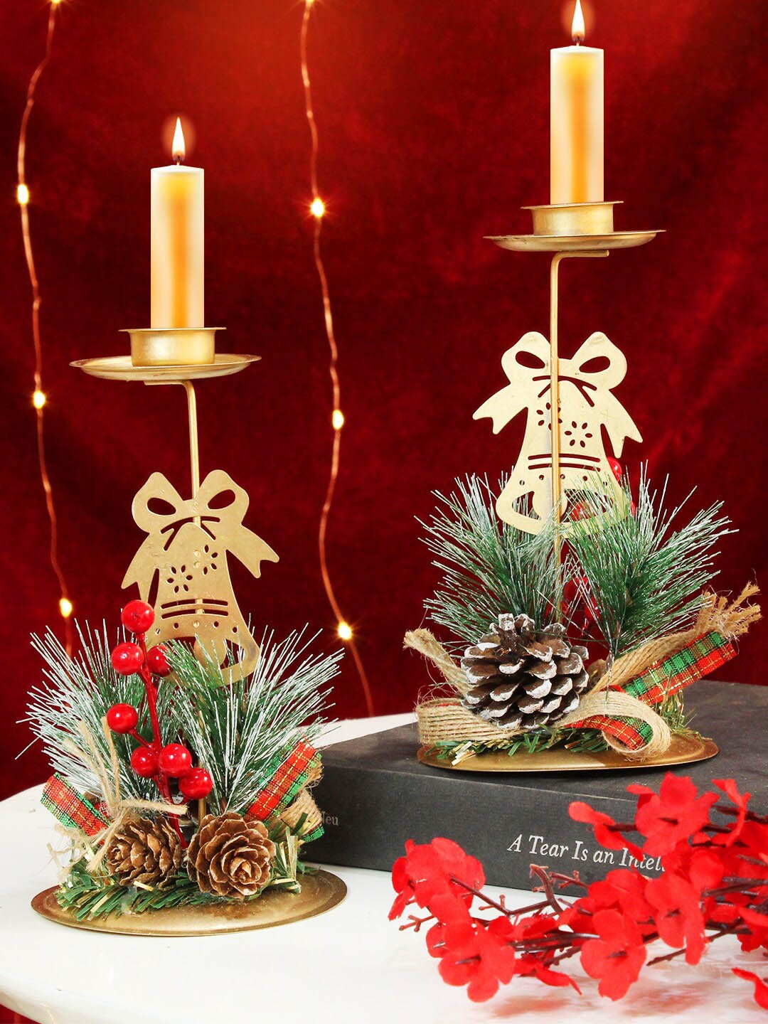 

TIED RIBBONS Gold Toned & Green 2 ieces Christmas Design Tealight Candle Holders