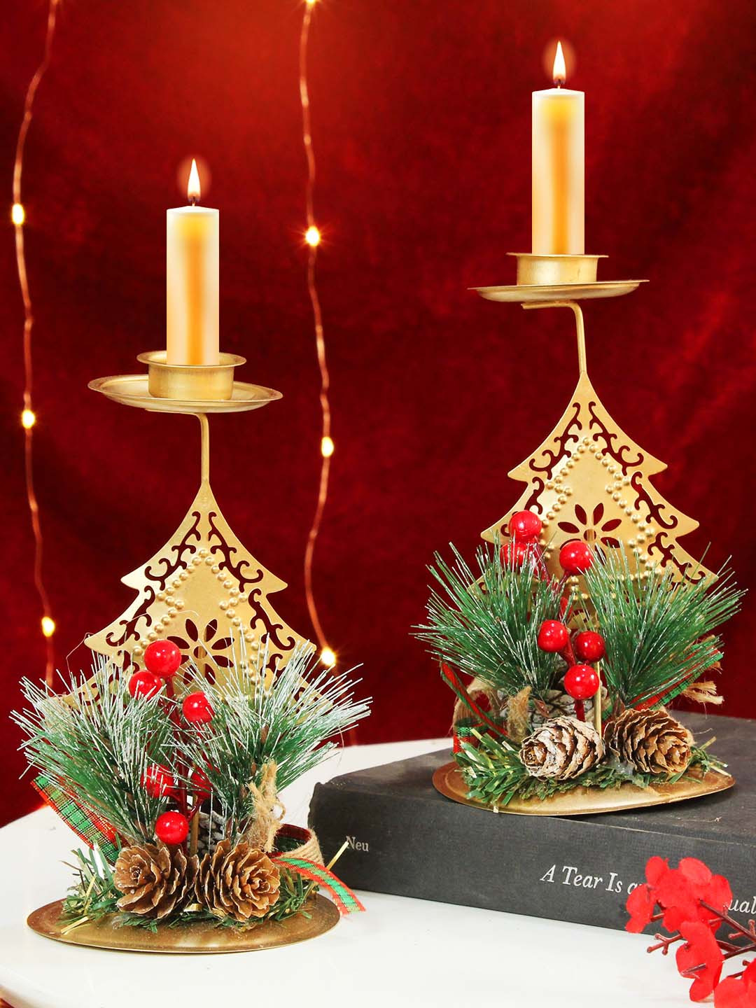 

TIED RIBBONS Gold Toned 2 Pieces Christmas Tealight Metal Candle Holders