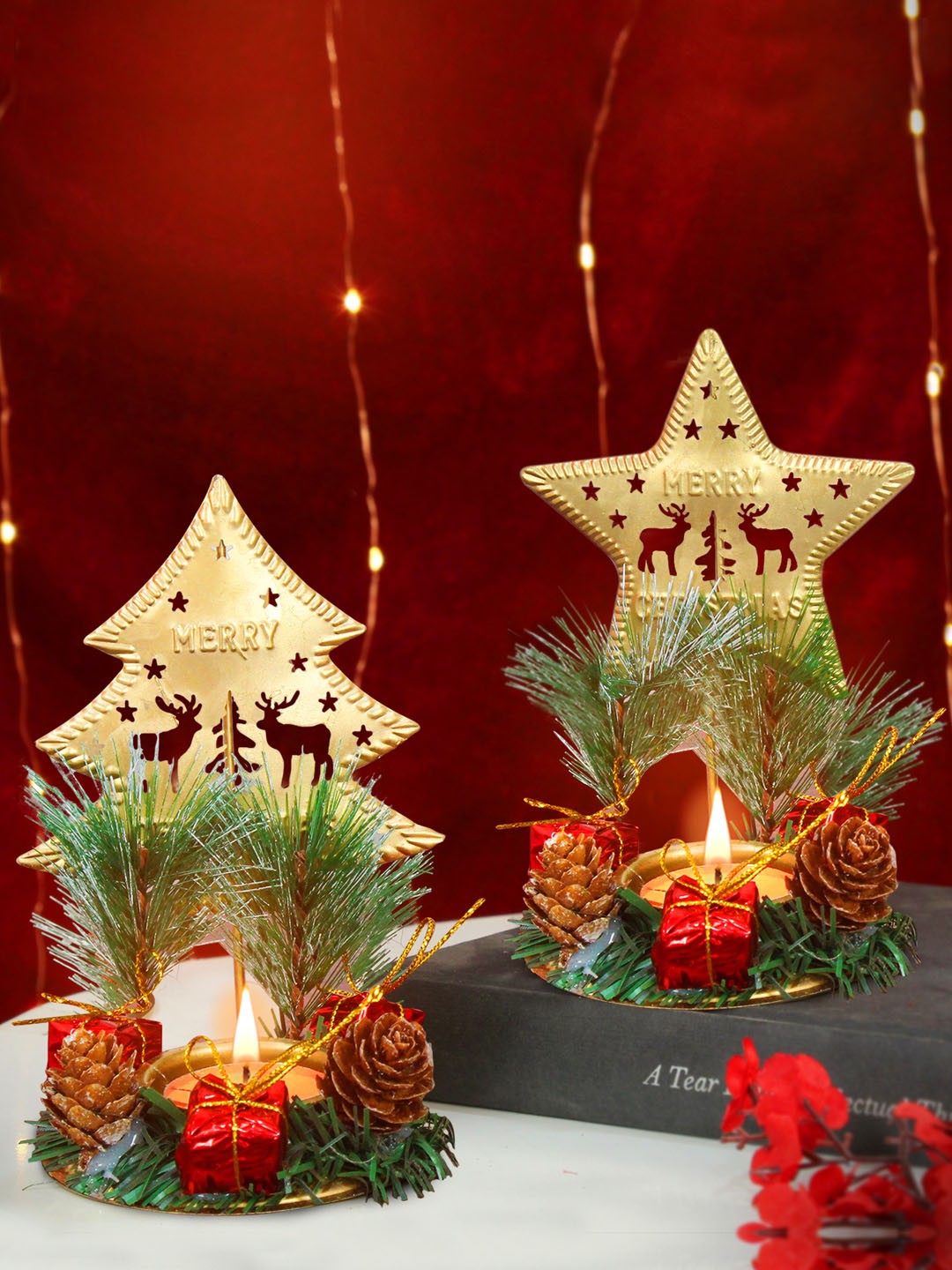 

TIED RIBBONS Gold Toned 2 Pieces Christmas Tealight Metal Candle Holders