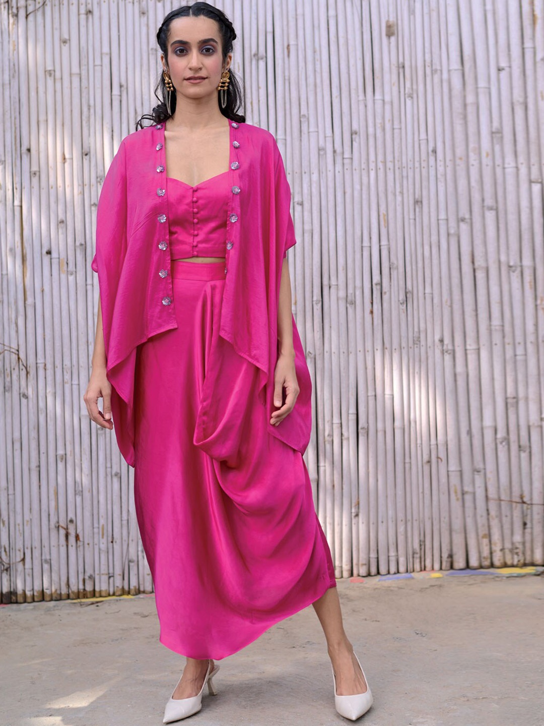 

Kanelle V-Neck Sleeveless Top & Skirt Co-Ords With Shrug, Pink