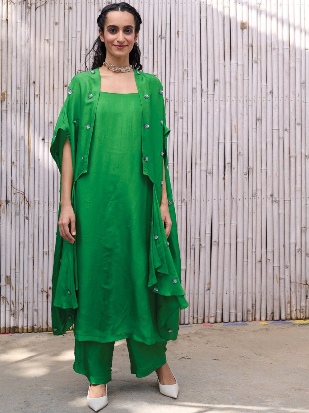 

Kanelle Sequinned Kurta with Palazzos & Jacket, Green