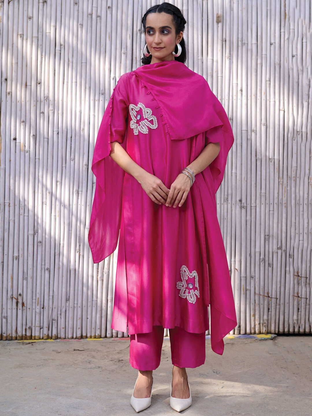

Kanelle Floral Embroidered Kurta with Palazzos & Jacket, Pink