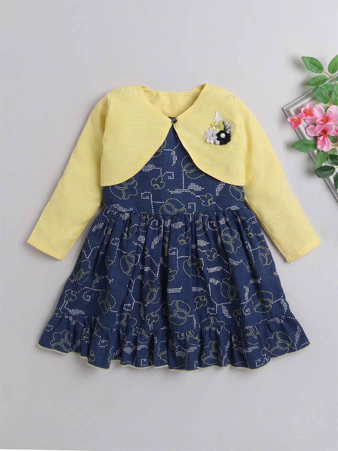 

The Magic Wand Girls Floral Print Cotton Fit & Flare Dress With Shrug, Yellow
