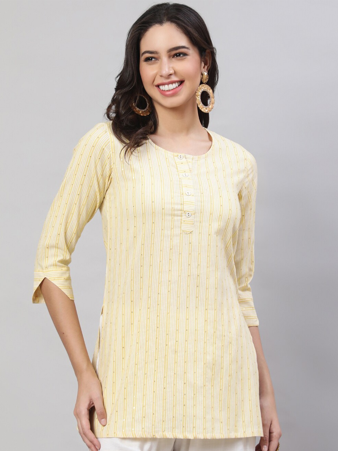 

AKIMIA Striped Sequinned Pure Cotton Straight Kurti, Yellow